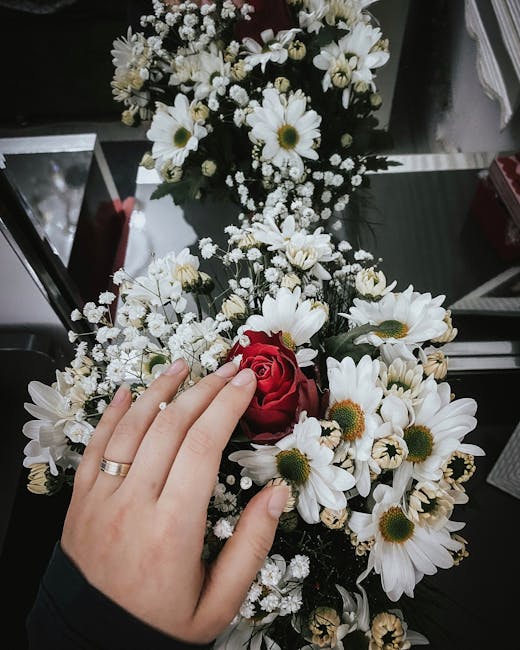A floral arrangement featuring a mix of white daisies with yellow centers, small white baby's breath, and buds, accented by a single red rose at the center. The bouquet is held by a person with a simp