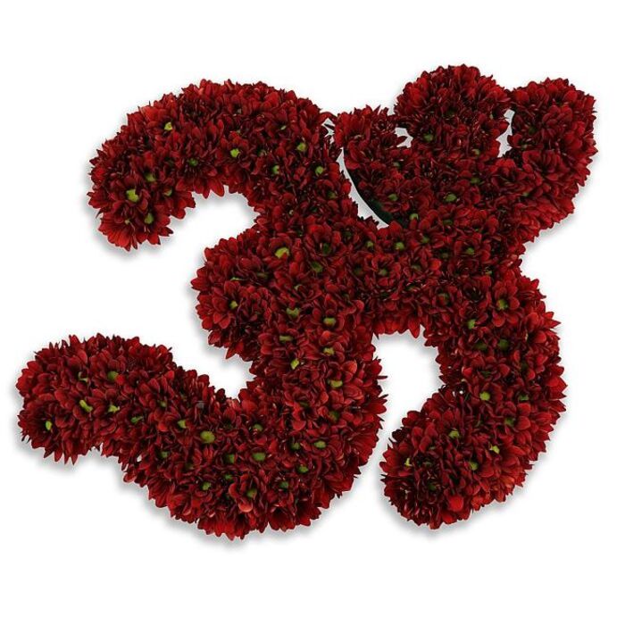 A bold, hand-crafted number '33' sculpted entirely from hundreds of button chrysanthemums and similar small multi-petaled blooms in a saturated, deep burgundy-red. The tiny flowers are closely massed so that the numerals appear plush and almost tactile - a rich carpet of petals whose surface seems velvety to the eye. Here and there the faint, bright green centers of individual blooms peek through, providing a delicate botanical punctuation that livens the crimson field and adds organic texture to each curve and counter of the twin threes. The composition rests against a pristine white backdrop, which sharpens the colour contrast and allows the sculpted edges to read clearly; a soft gray shadow beneath the arrangement gives the impression of a slight elevation, as if the numbers hover gently above the surface. The aesthetic suggests celebration and ceremony in equal measure - a 33rd birthday, an anniversary, a commemorative tribute or even a jersey number displayed at a memorial service. As a Silvertown-based florist I picture this piece at local milestones on Royal Albert Dock or at community events along North Woolwich Road, where the dockside light and brisk river air would heighten the petals' depth of colour. The overall effect is elegant and substantial, an emblematic floral statement that feels both festive and respectful, crafted with the kind of careful, hands-on attention our neighbourhood has come to expect from local artisans.