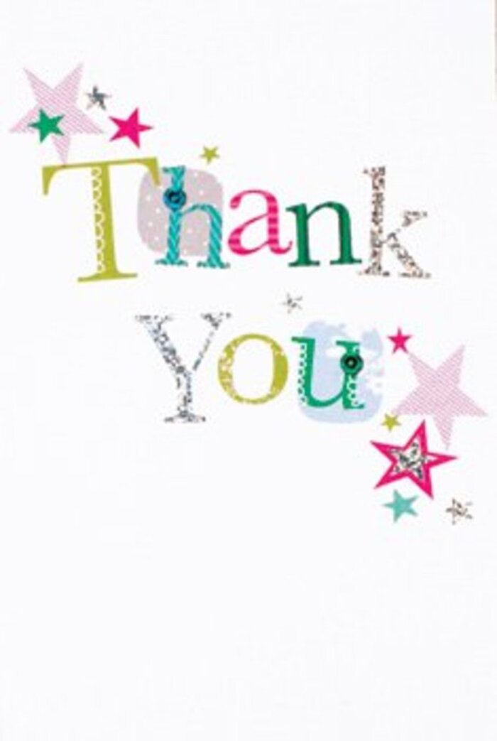 With its graceful composition, this thank you card recalls the bright, modern charm of Silvertown's riverside neighbourhoods. The hand-drawn 'Thank You' lettering unfolds across the card in a vibrant spectrum-zesty green, rich pink, turquoise, and dashes of silver-each letter exuding a unique blend of whimsy and elegance. Some characters boast berry-hued dots and playful swirls, while others shimmer under a silvery sheen. Nested among these are clusters of sparkling stars-rosy pink, deep blue, metallic silver-circling the message like blessings of joy. The fresh white background lends the card an airy sophistication, ensuring the design feels open and inviting, never crowded. Imagine this card nestled alongside a hand-crafted bouquet from a Silvertown florist-a gesture as universal and uplifting as the flowers themselves, perfect for neighbours by Royal Victoria Dock or visitors strolling through Lyle Park. It blends artistry, gratitude, and a sense of celebration in every carefully drawn detail.