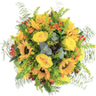 An exuberant, hand-tied bouquet from a Silvertown florist radiates with joyful optimism-a cheery celebration of golden sunflowers and buttercup-yellow roses. Each sunflower beam stretches across the arrangement's center, spreading warmth like sunrise over Thameside Green. Closely nestled among them, yellow roses unfold their rosette centers in plush, velvety layers, inviting you closer. Interspersed throughout are sprightly orange blossoms and clusters of shiny red berries, their vivid highlights balancing the overall palette much like colourful street art in Silvertown's creative corners. Fern fronds and fresh green filler tumble outwards, lending the design a sense of bountiful movement, while silvery eucalyptus leaves add both scent and visual clarity. Set against a pure white background, every vibrant shade and intricate texture stands out. It feels as if the bouquet was freshly gathered from riverside gardens, thoughtfully composed to celebrate life's bright moments. Whether sent for a birthday, to say thank you, or simply to bring cheer to a loved one in Silvertown, this arrangement showcases the fresh beauty and creative expertise of local floristry, destined to fill any room with sunshine and delight.